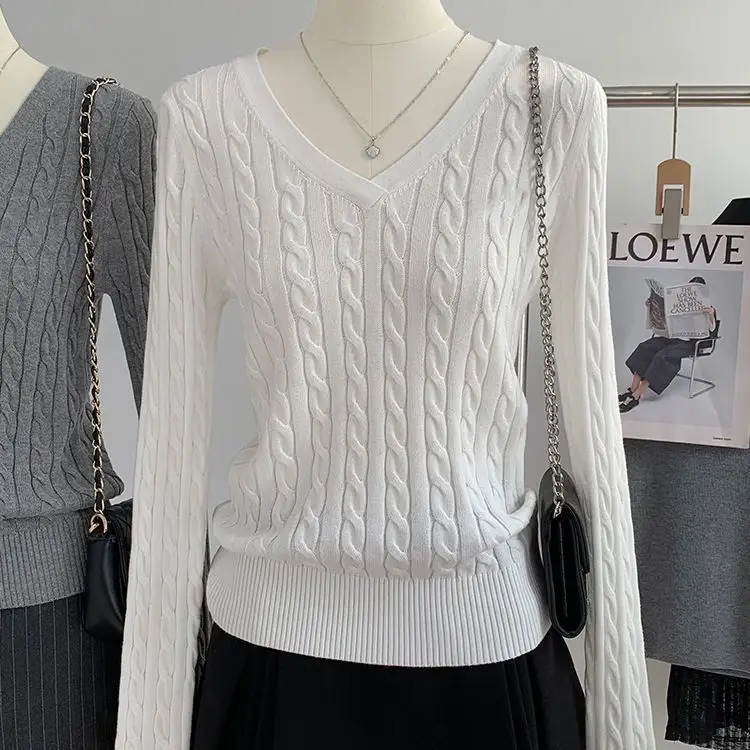 Gray V Neck Knitwear Women's Autumn and Winter New Preppy Style Long-Sleeved Twist High-End Niche Simple Knitwear Top