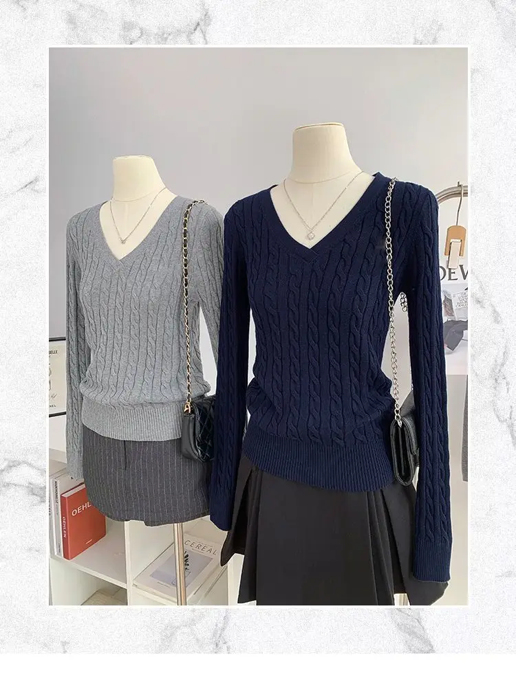 Gray V Neck Knitwear Women's Autumn and Winter New Preppy Style Long-Sleeved Twist High-End Niche Simple Knitwear Top — feature 1