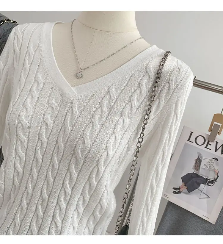 Gray V Neck Knitwear Women's Autumn and Winter New Preppy Style Long-Sleeved Twist High-End Niche Simple Knitwear Top — feature 10