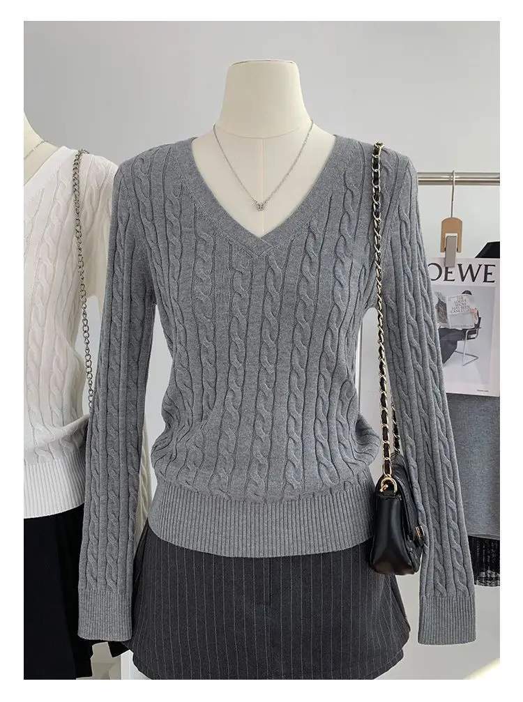 Gray V Neck Knitwear Women's Autumn and Winter New Preppy Style Long-Sleeved Twist High-End Niche Simple Knitwear Top — feature 12
