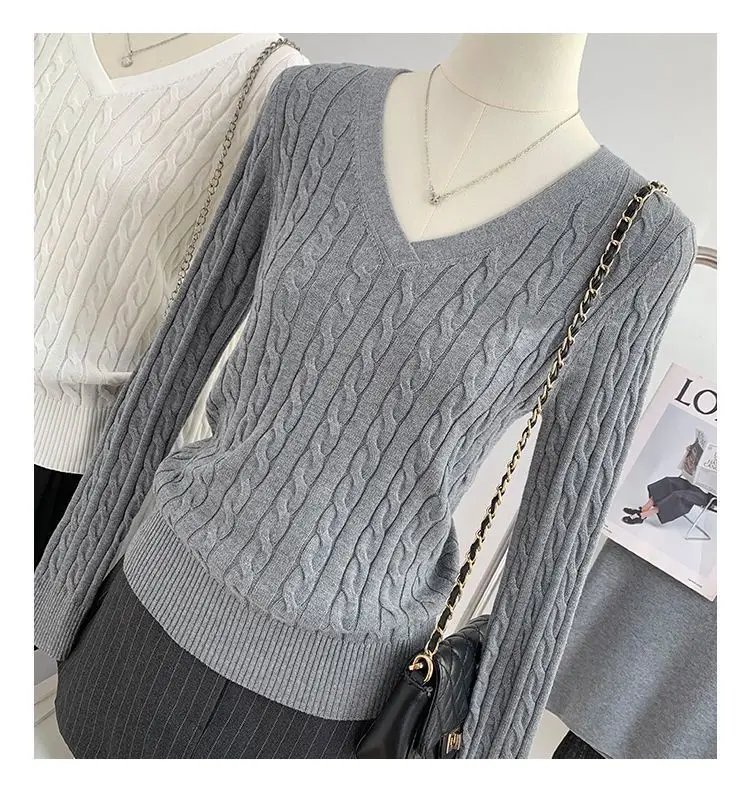 Gray V Neck Knitwear Women's Autumn and Winter New Preppy Style Long-Sleeved Twist High-End Niche Simple Knitwear Top — feature 13