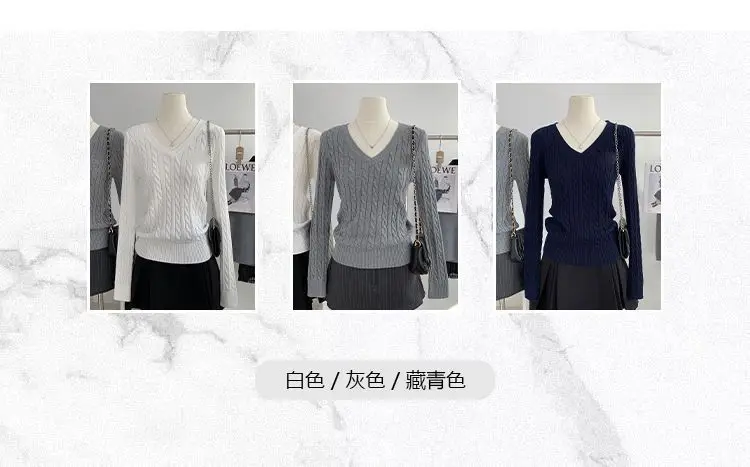 Gray V Neck Knitwear Women's Autumn and Winter New Preppy Style Long-Sleeved Twist High-End Niche Simple Knitwear Top — feature 3