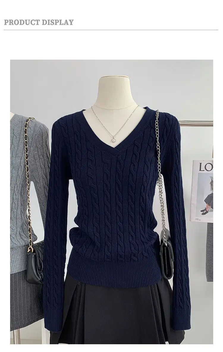 Gray V Neck Knitwear Women's Autumn and Winter New Preppy Style Long-Sleeved Twist High-End Niche Simple Knitwear Top — feature 4