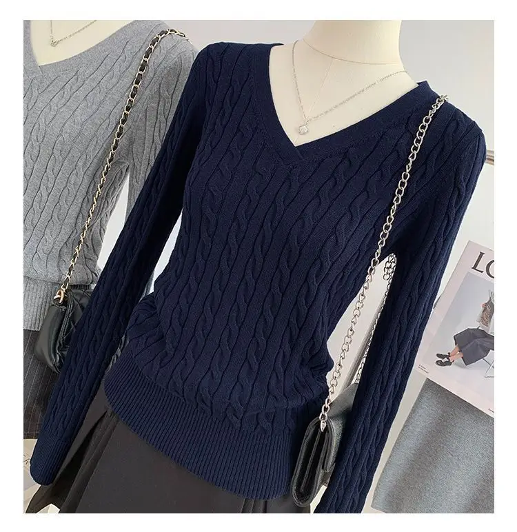 Gray V Neck Knitwear Women's Autumn and Winter New Preppy Style Long-Sleeved Twist High-End Niche Simple Knitwear Top — feature 5