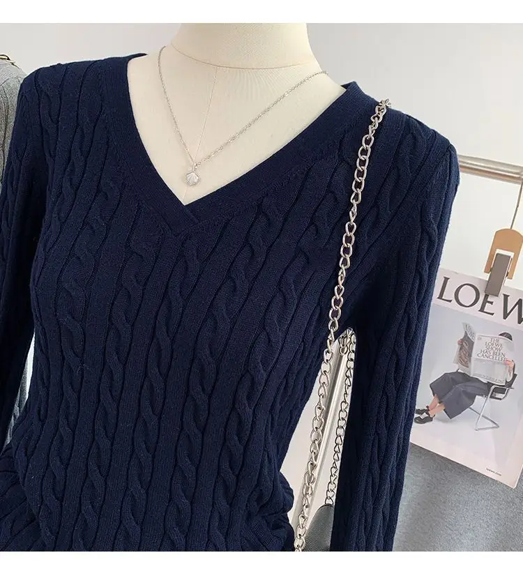Gray V Neck Knitwear Women's Autumn and Winter New Preppy Style Long-Sleeved Twist High-End Niche Simple Knitwear Top — feature 6