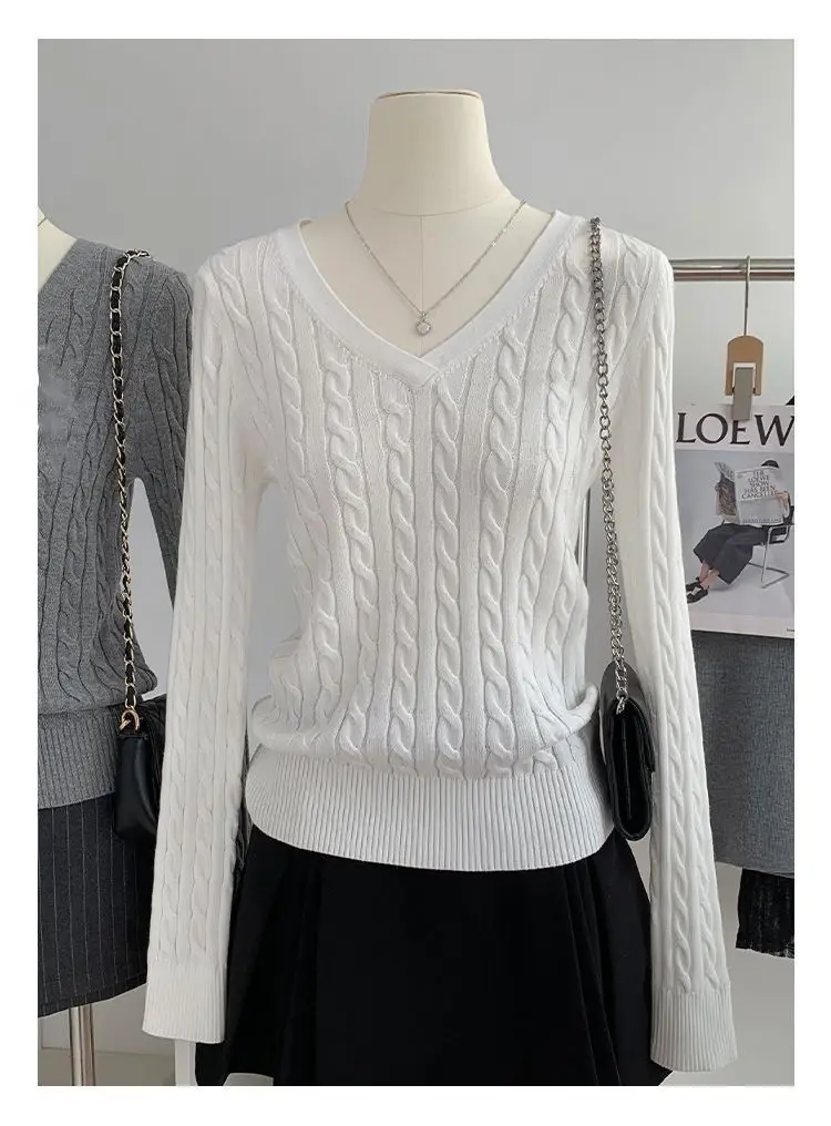 Gray V Neck Knitwear Women's Autumn and Winter New Preppy Style Long-Sleeved Twist High-End Niche Simple Knitwear Top — feature 8