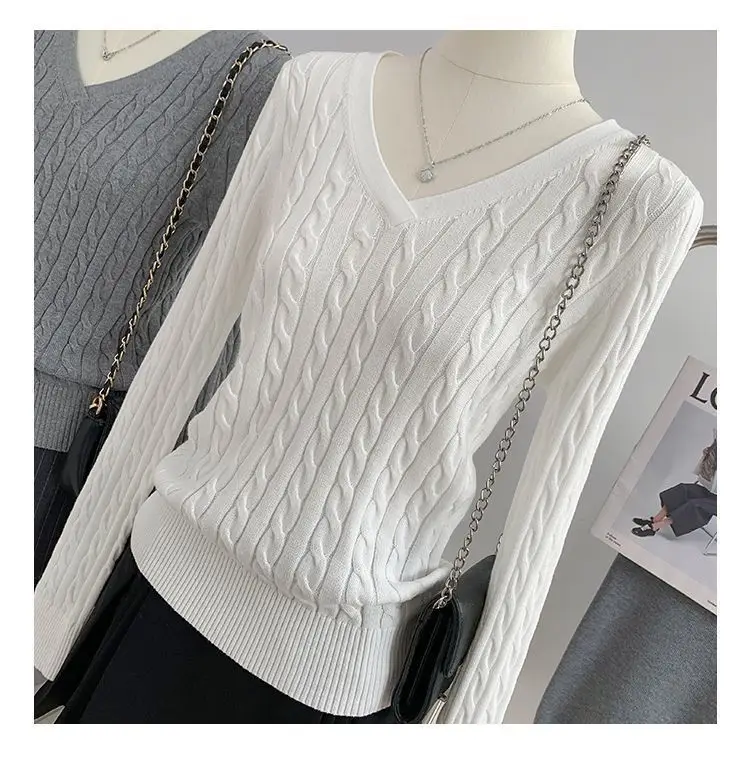 Gray V Neck Knitwear Women's Autumn and Winter New Preppy Style Long-Sleeved Twist High-End Niche Simple Knitwear Top — feature 9