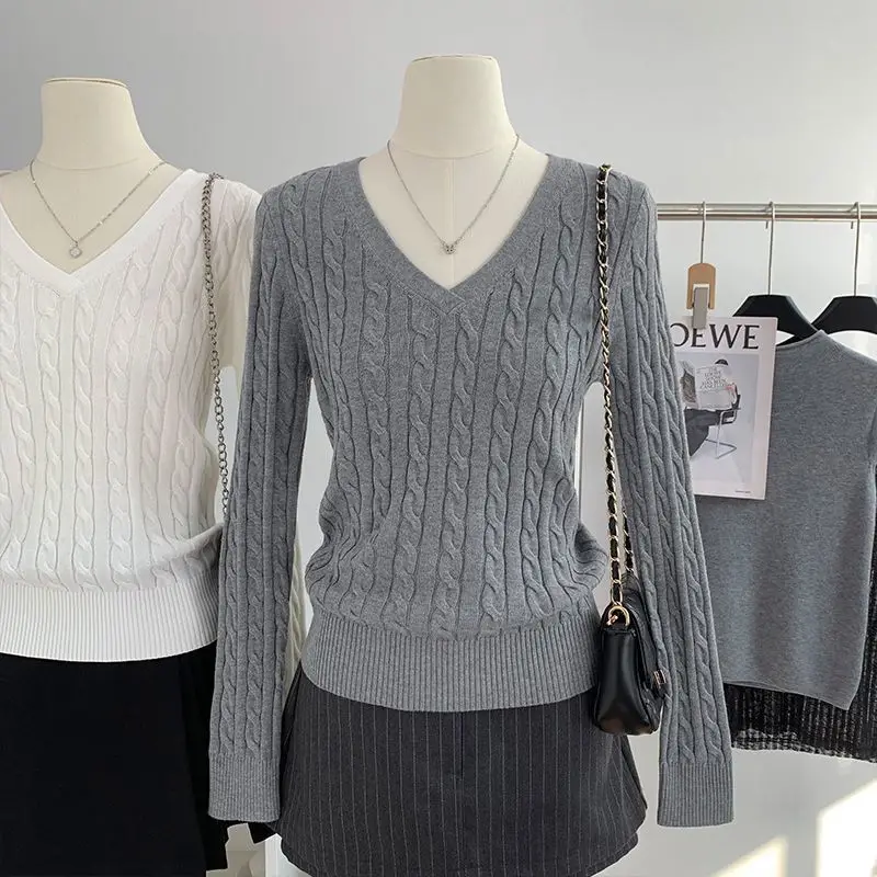 Gray V Neck Knitwear Women's Autumn and Winter New Preppy Style Long-Sleeved Twist High-End Niche Simple Knitwear Top