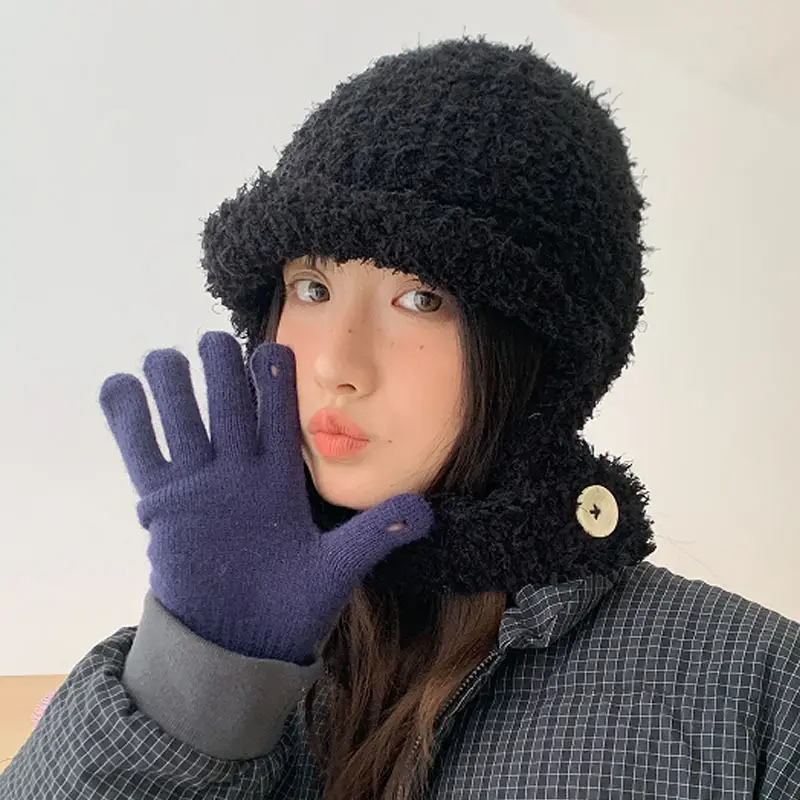 Women Furry Bear Ears Warm Winter Hat Black - Image 5