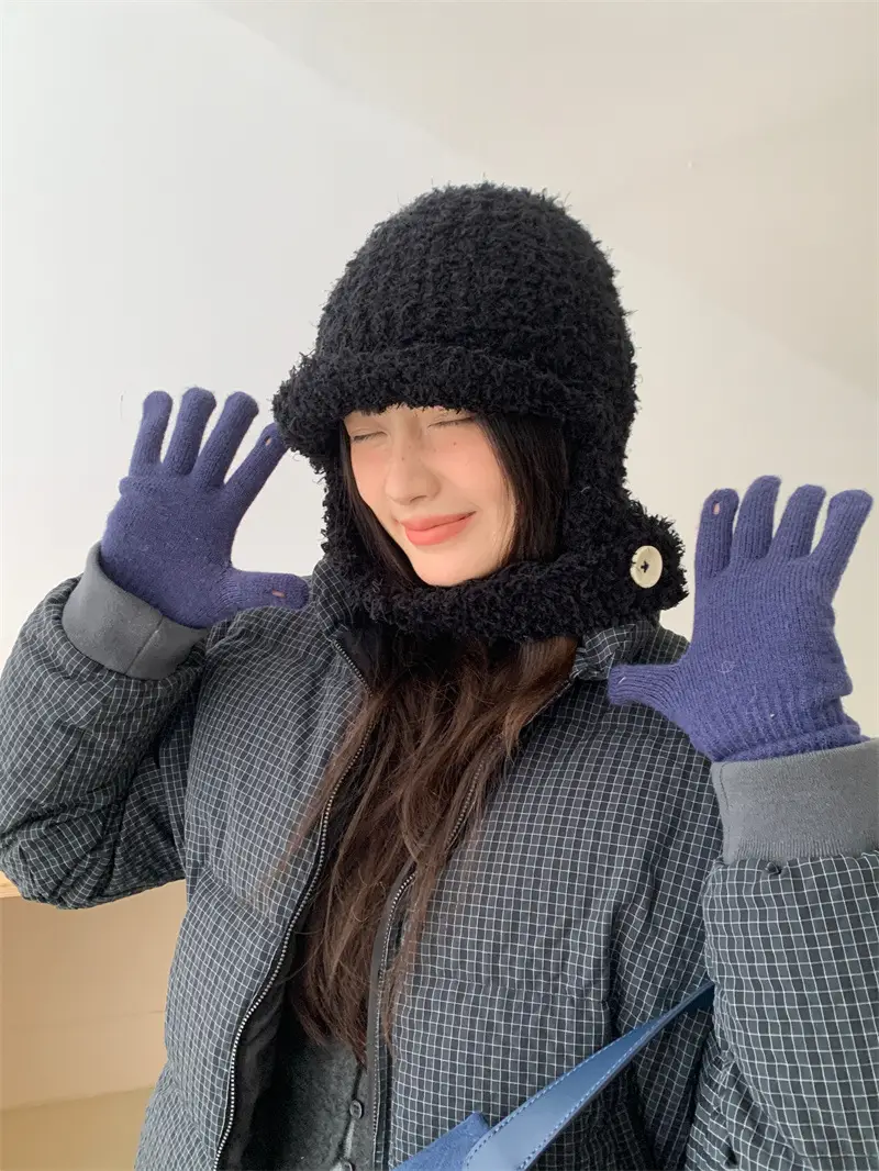 Women Furry Bear Ears Warm Winter Hat Black — feature 4
