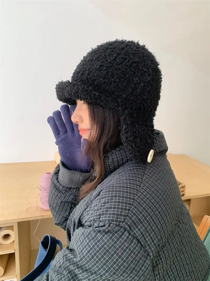 Women Furry Bear Ears Warm Winter Hat Black — feature 5