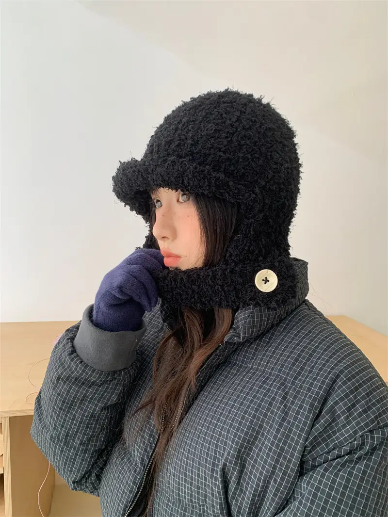 Women Furry Bear Ears Warm Winter Hat Black — feature 6