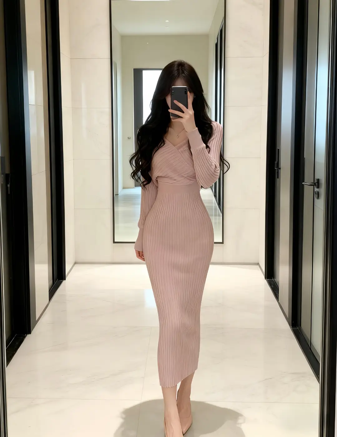 French-Style Pink V-Neck Bodycon Knit Long Dress, Autumn and Winter Coat Base Dress, Elegant and Graceful — feature 1