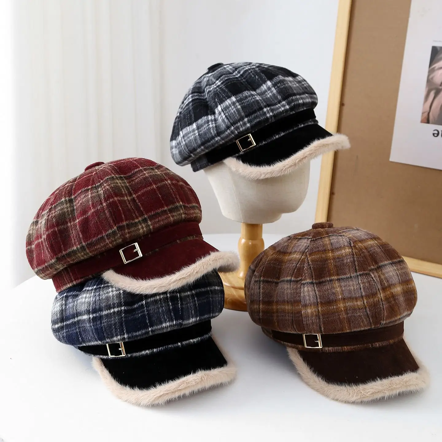 Vintage Plaid Duckbill Cap for Women Winter Warm Hat - Image 5
