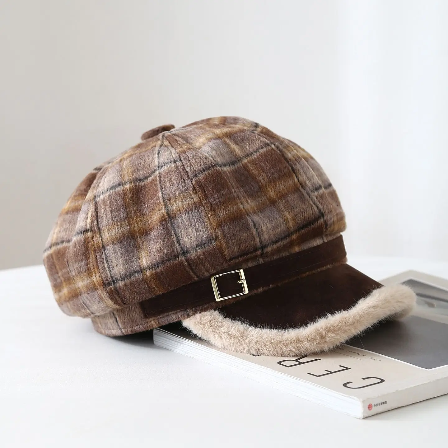 Vintage Plaid Duckbill Cap for Women Winter Warm Hat - Image 3