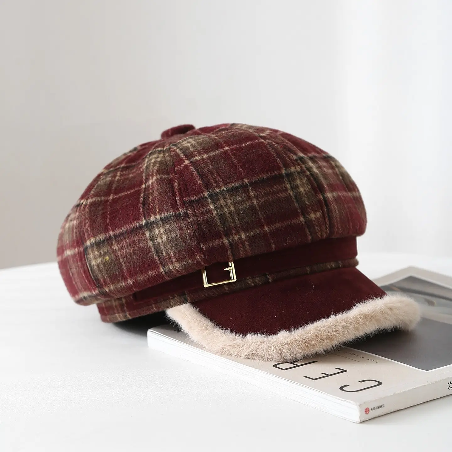 Vintage Plaid Duckbill Cap for Women Winter Warm Hat - Image 4