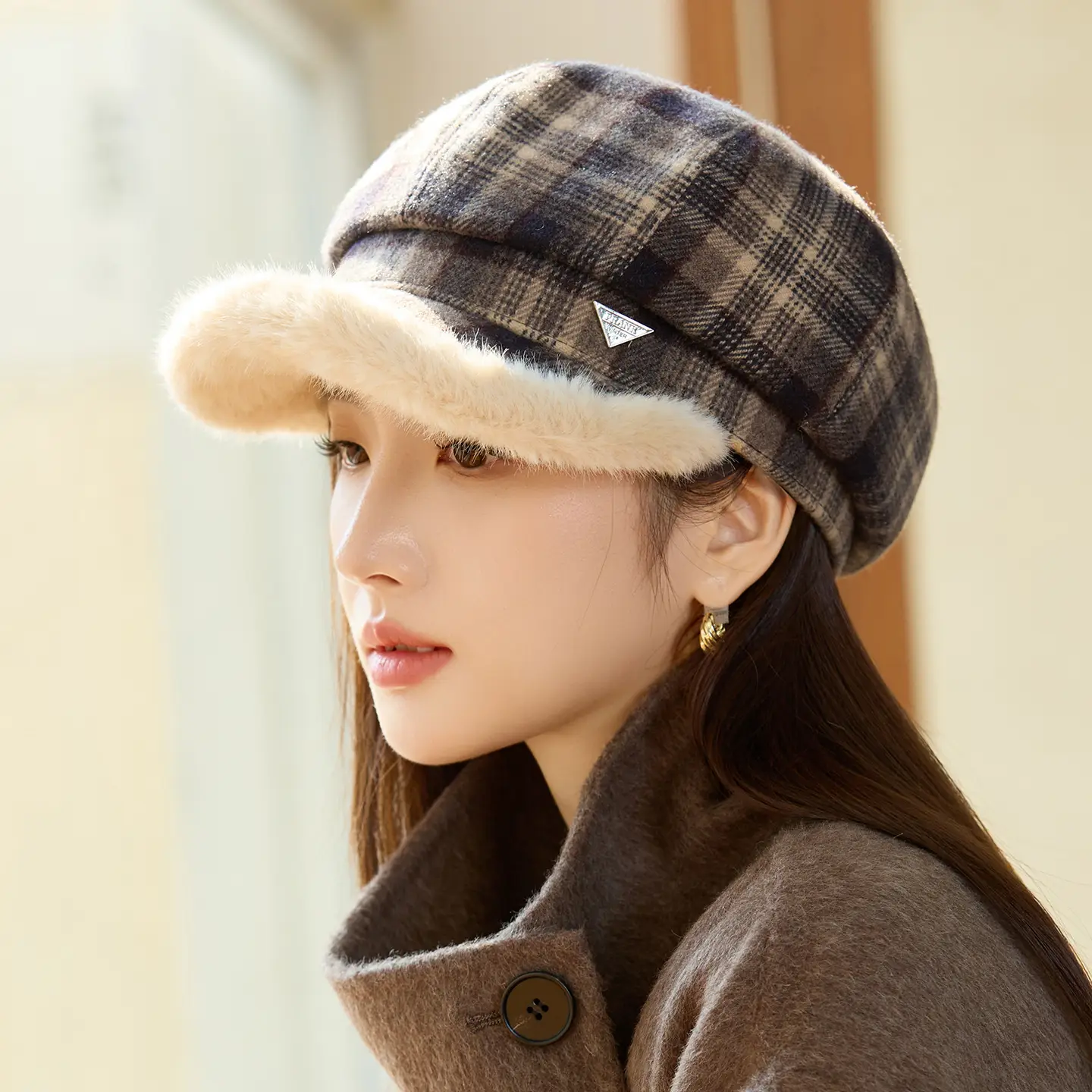 Women Plaid Warm Hat with Fur Trim Winter Face Cover - Image 6