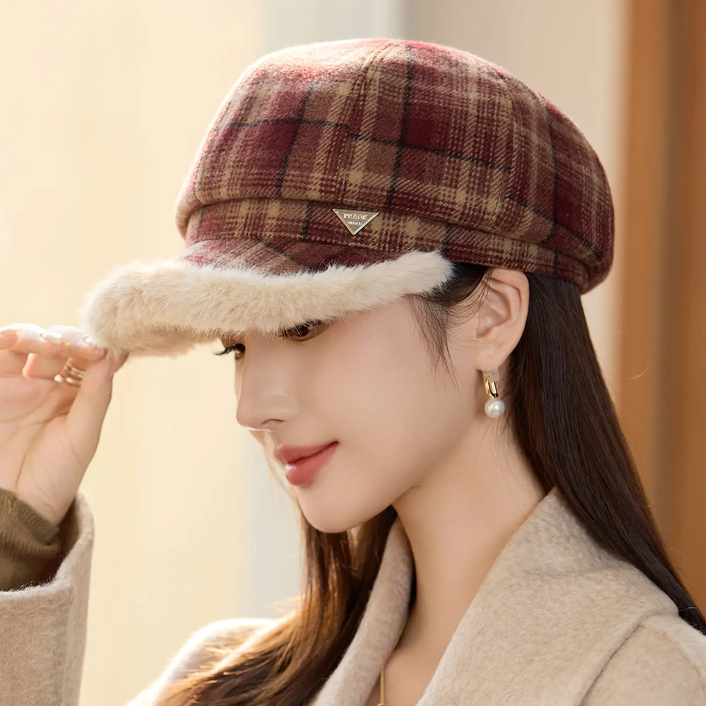 Women Plaid Warm Hat with Fur Trim Winter Face Cover - Image 7
