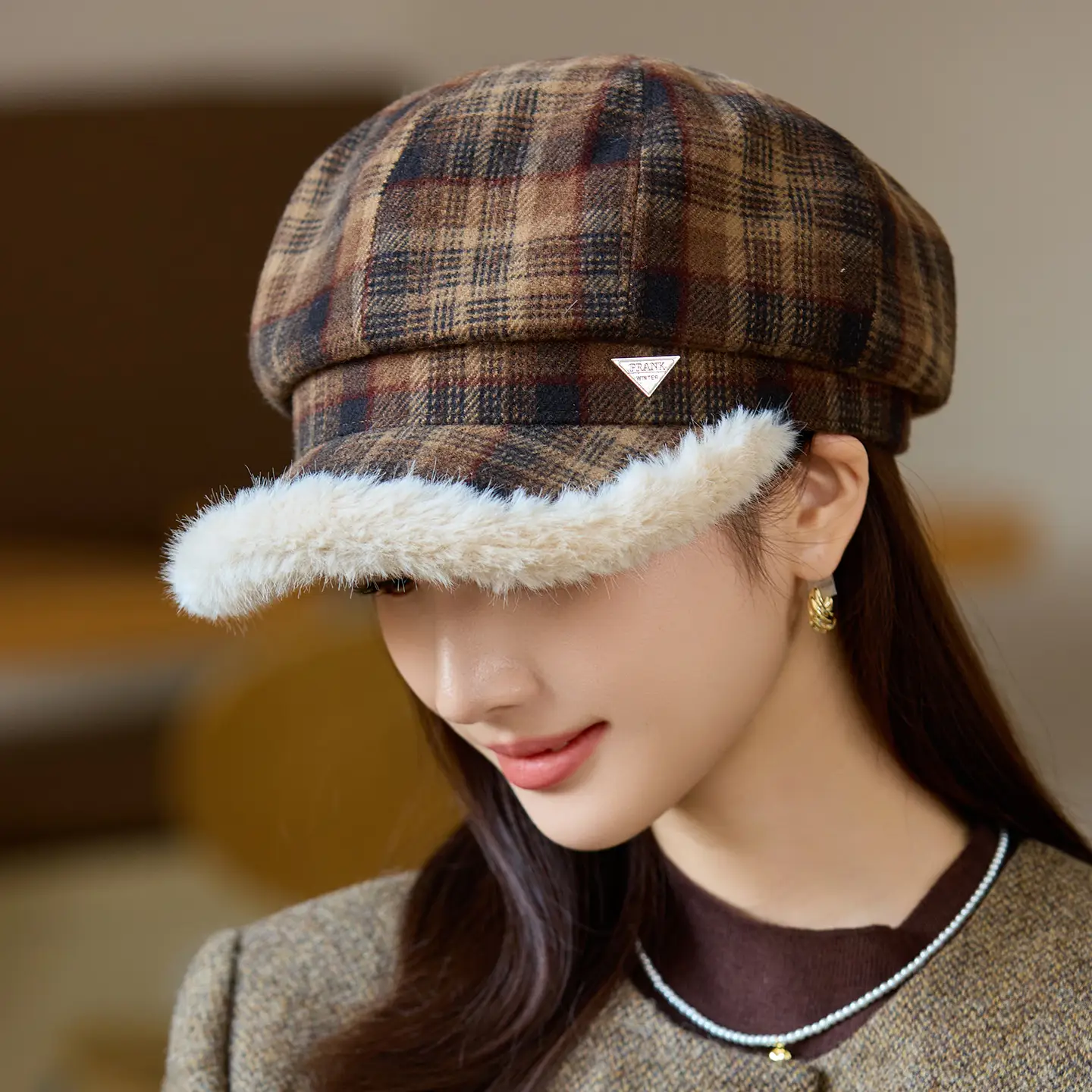 Women Plaid Warm Hat with Fur Trim Winter Face Cover - Image 8