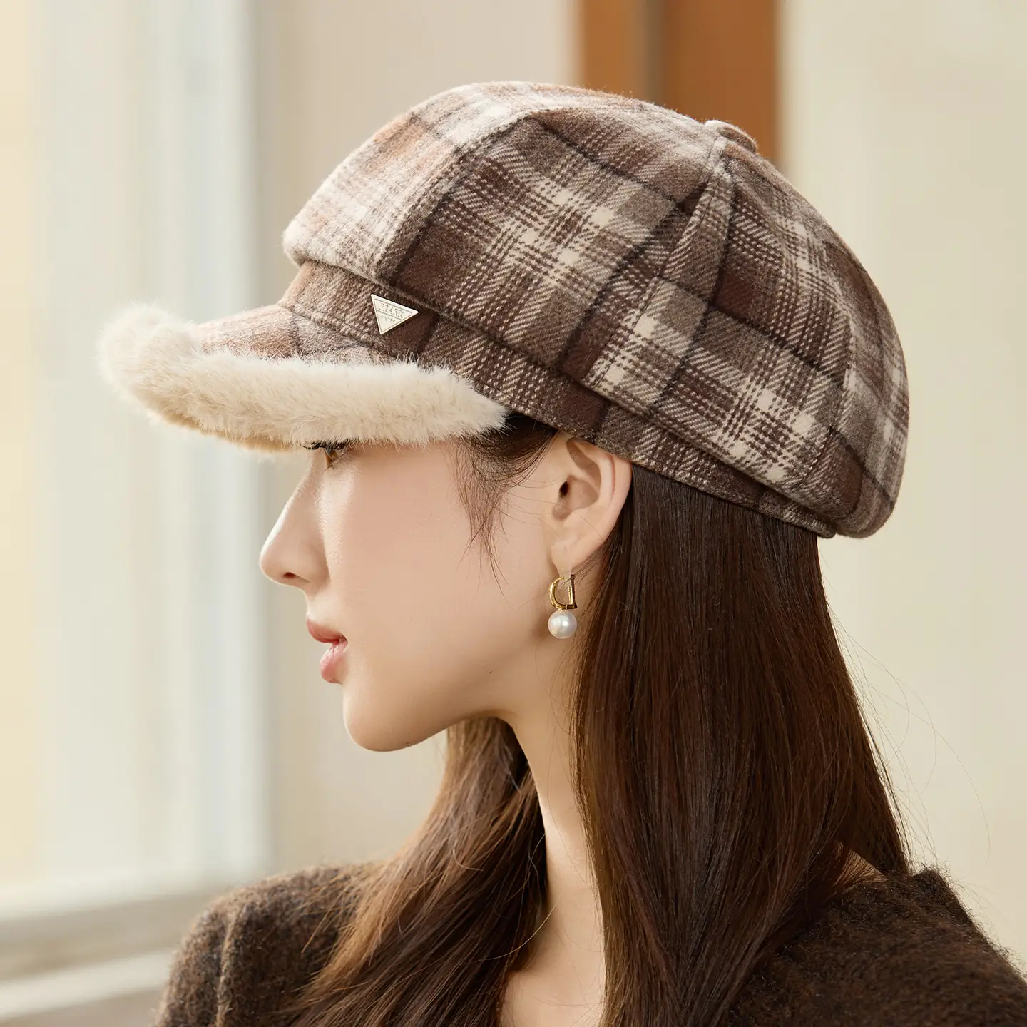 Women Plaid Warm Hat with Fur Trim Winter Face Cover - Image 9