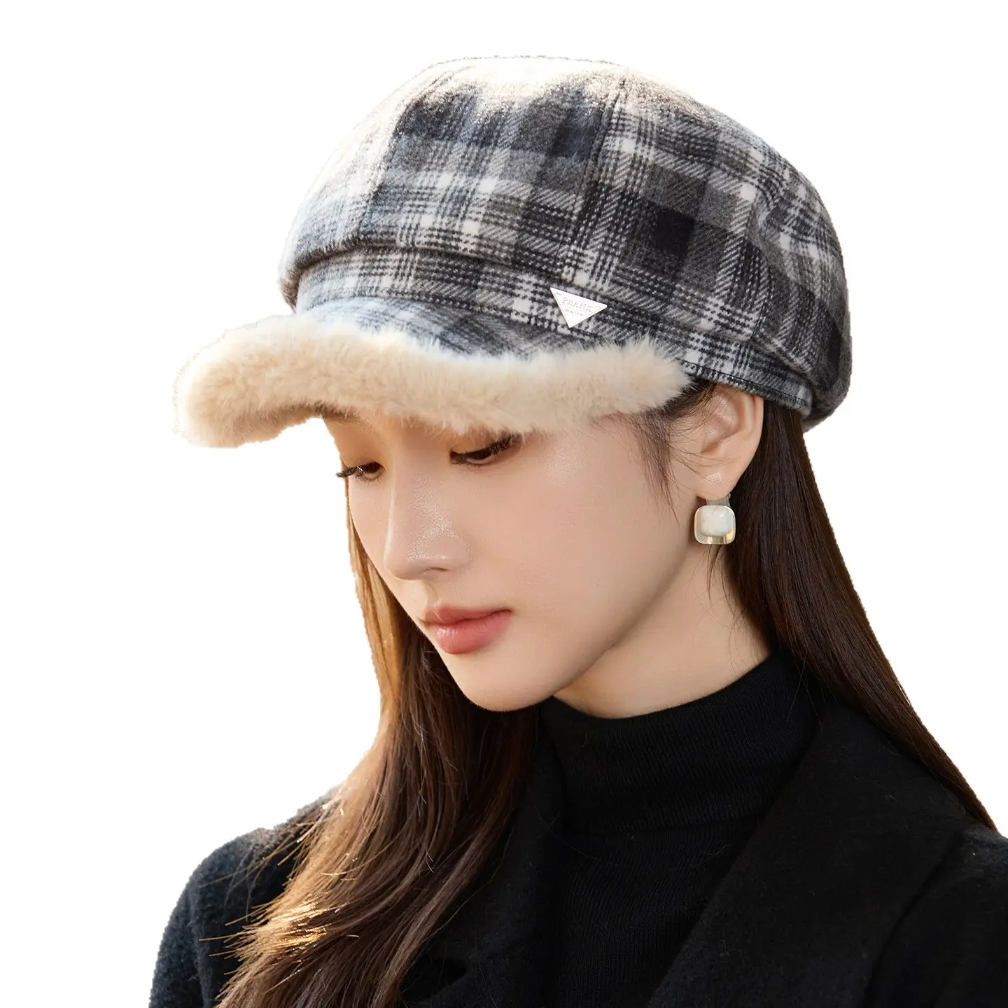 Women Plaid Warm Hat with Fur Trim Winter Face Cover - Image 10
