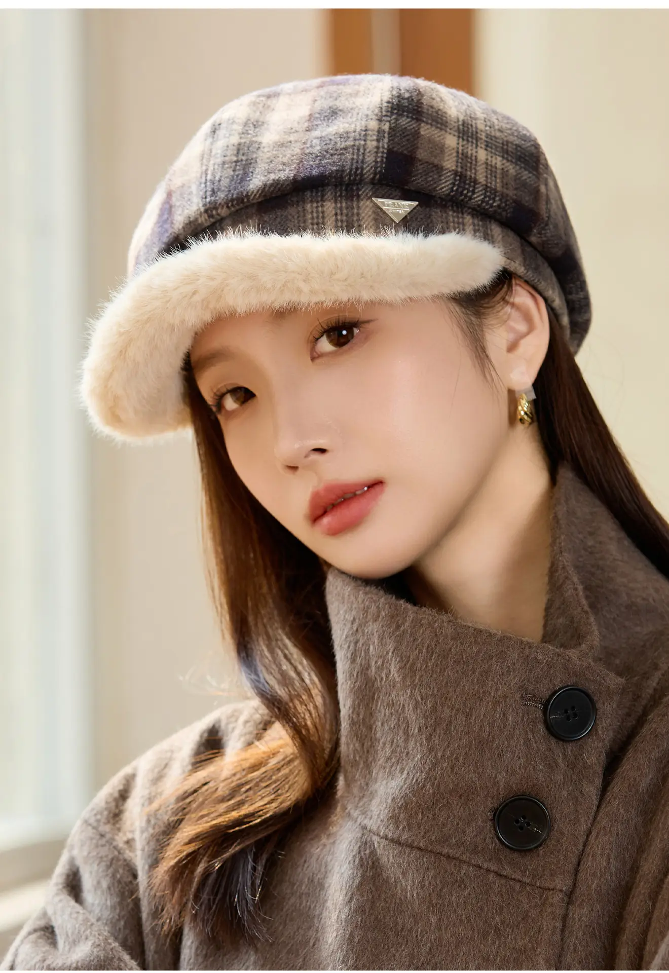 Women Plaid Warm Hat with Fur Trim Winter Face Cover — feature 10