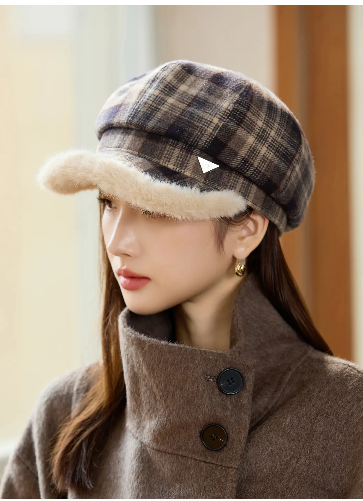Women Plaid Warm Hat with Fur Trim Winter Face Cover — feature 11