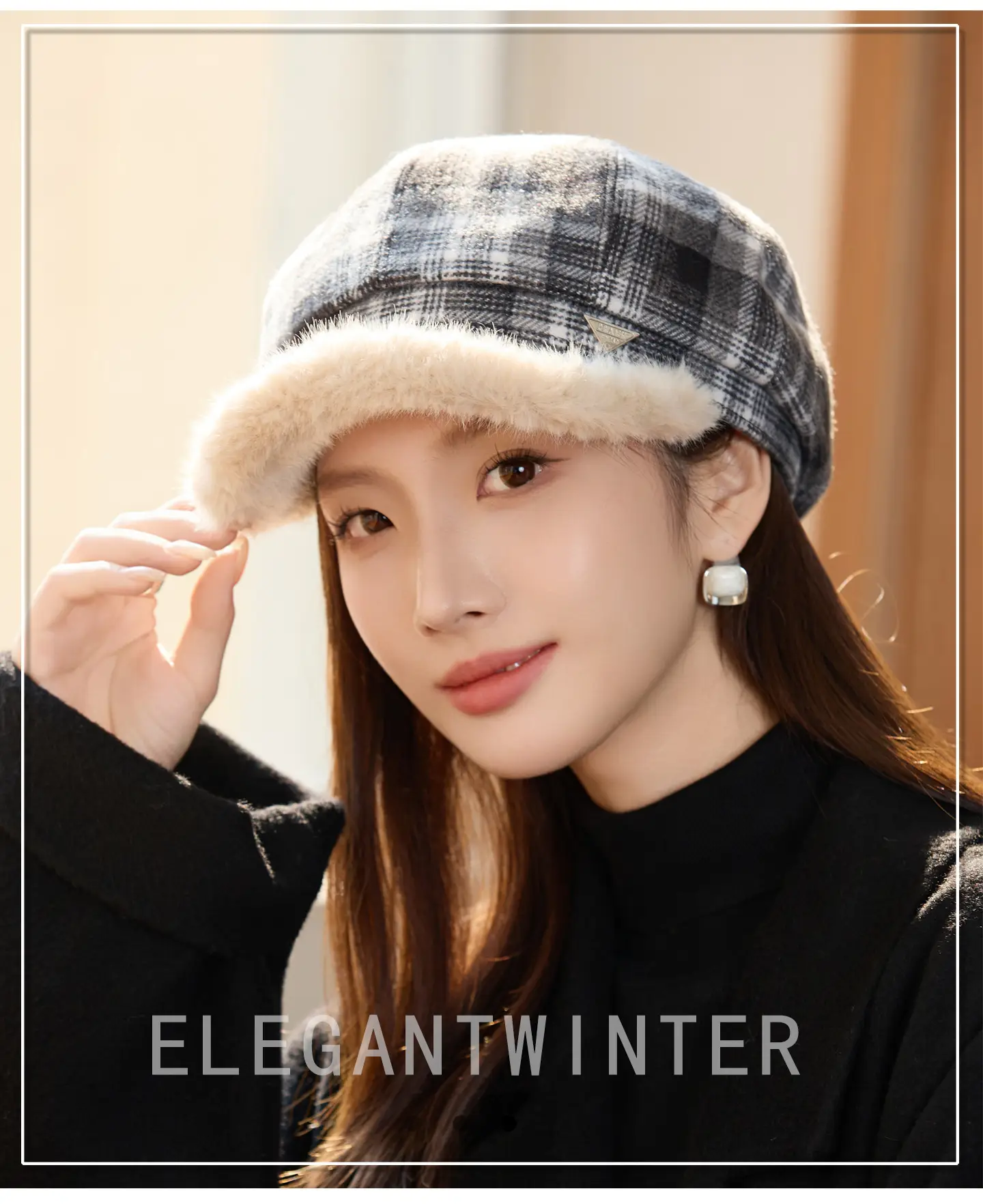 Women Plaid Warm Hat with Fur Trim Winter Face Cover — feature 2