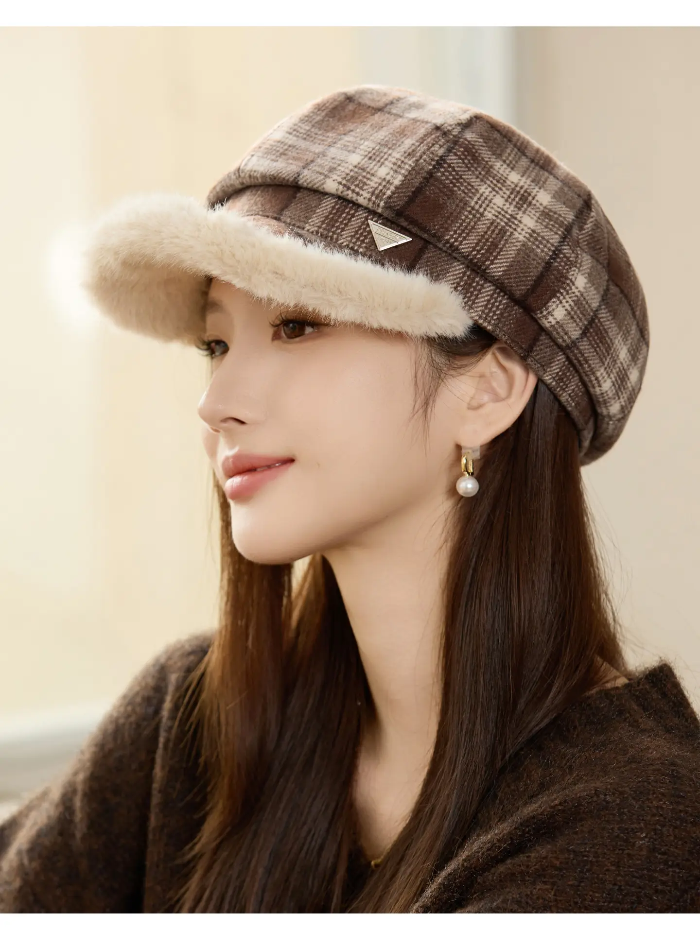 Women Plaid Warm Hat with Fur Trim Winter Face Cover — feature 6