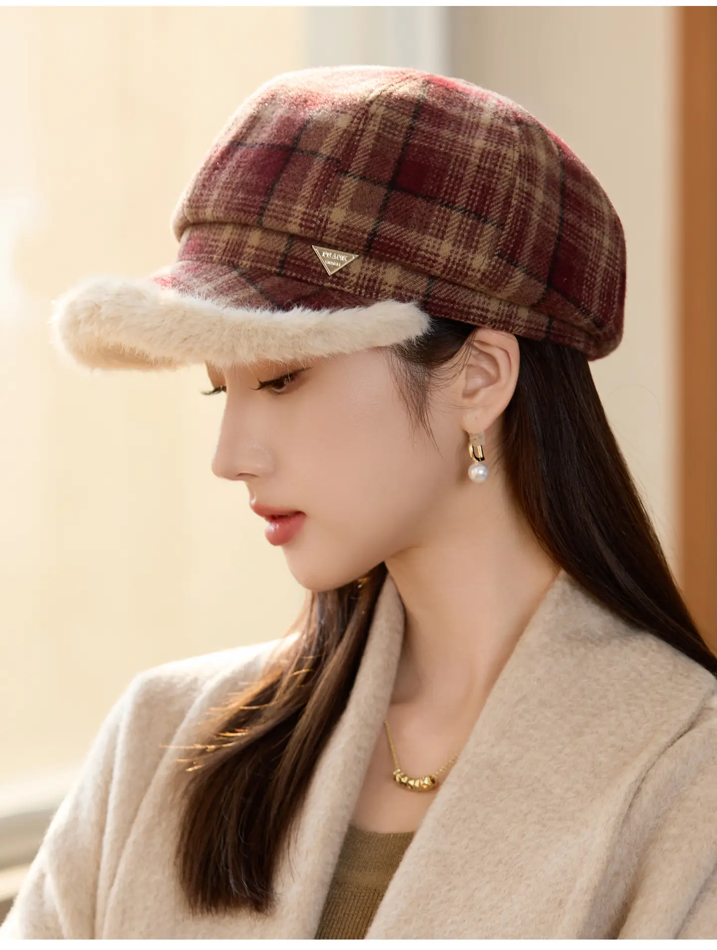 Women Plaid Warm Hat with Fur Trim Winter Face Cover — feature 8