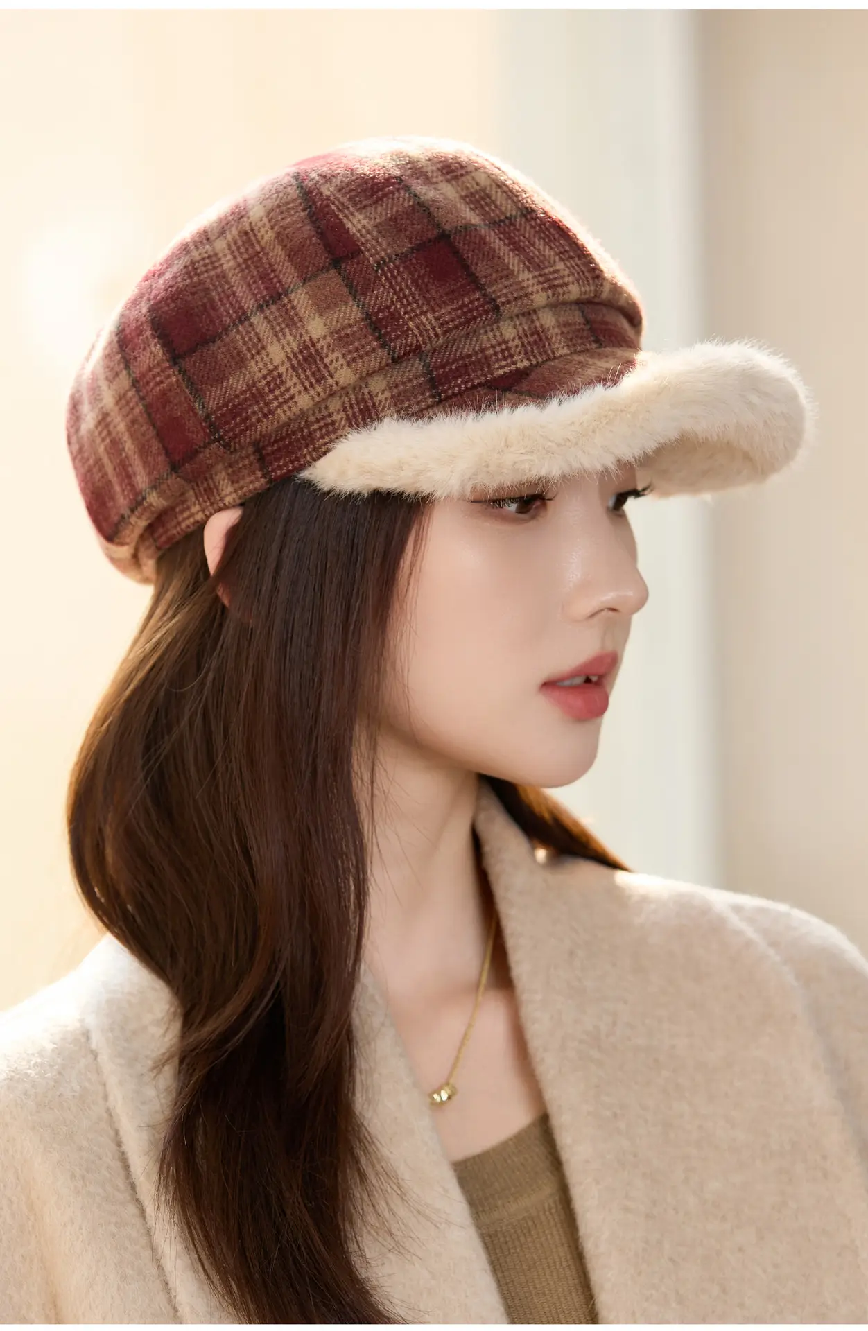 Women Plaid Warm Hat with Fur Trim Winter Face Cover — feature 9
