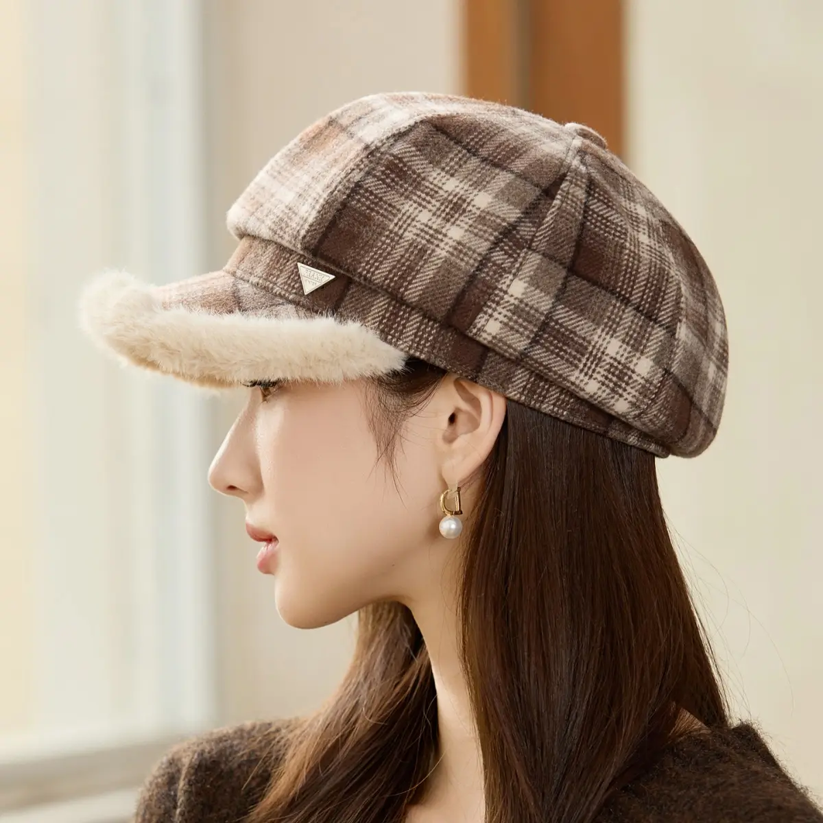 Women Plaid Warm Hat with Fur Trim Winter Face Cover - Image 2