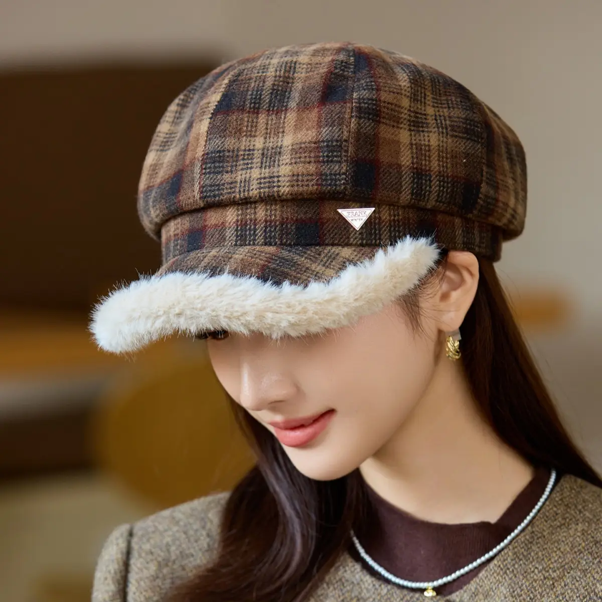 Women Plaid Warm Hat with Fur Trim Winter Face Cover - Image 3