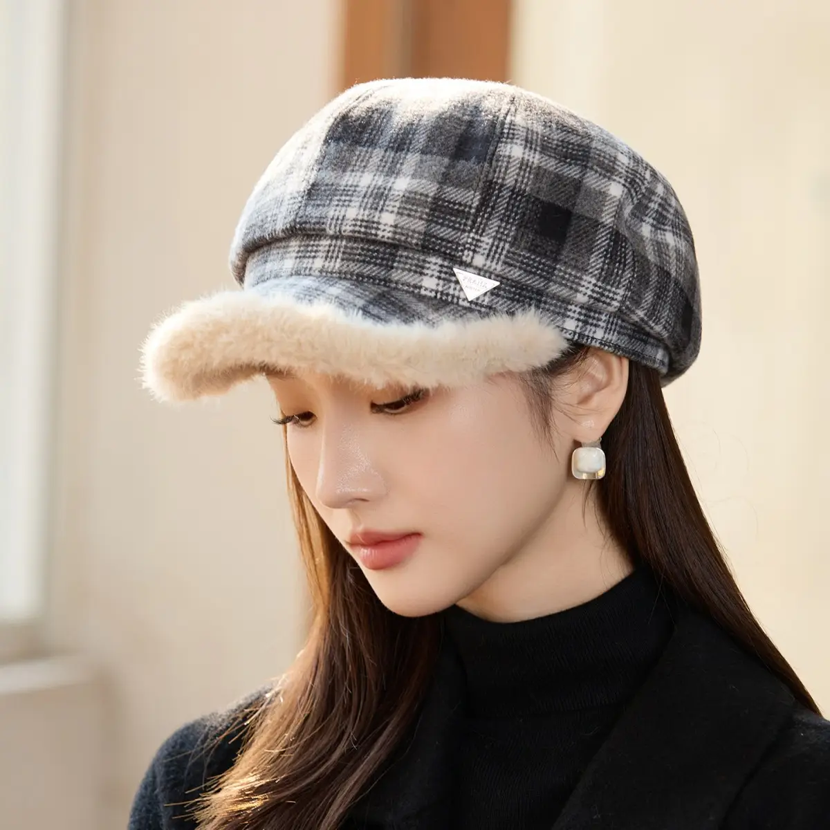 Women Plaid Warm Hat with Fur Trim Winter Face Cover - Image 4