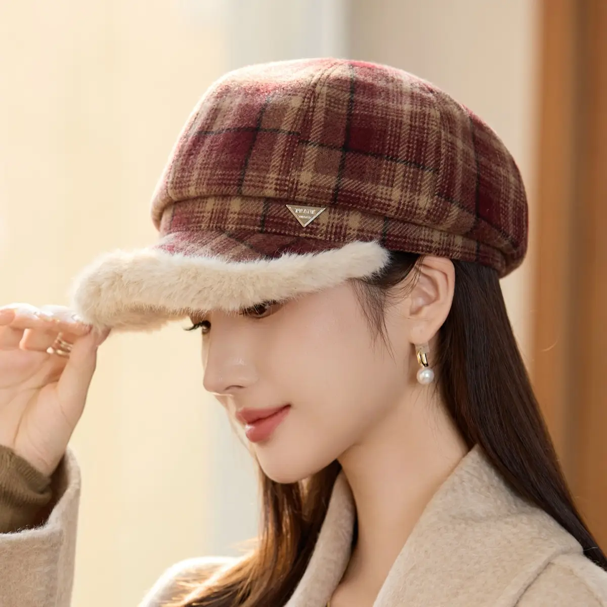 Women Plaid Warm Hat with Fur Trim Winter Face Cover - Image 5