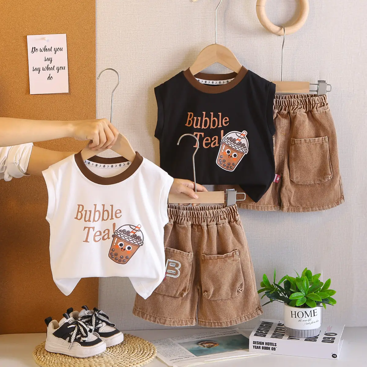 Bubble Tea Cartoon Boys Summer Suits White Black Shorts - Image 3