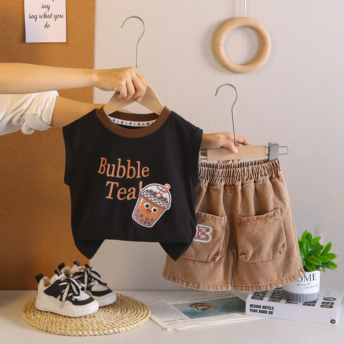 Bubble Tea Cartoon Boys Summer Suits White Black Shorts - Image 4