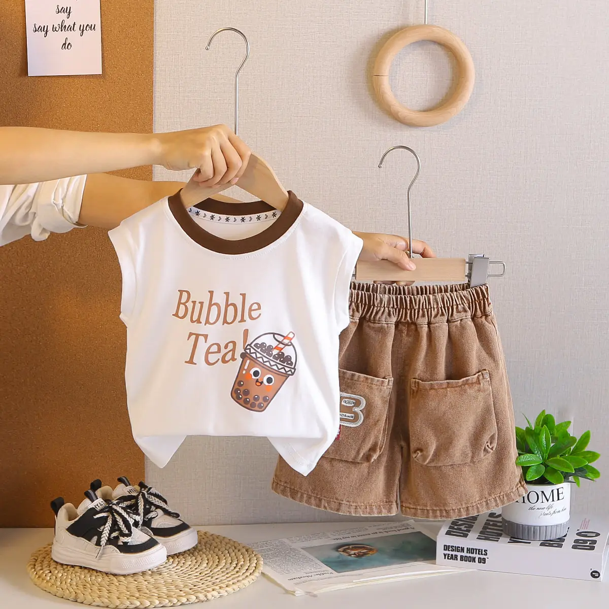 Bubble Tea Cartoon Boys Summer Suits White Black Shorts - Image 5