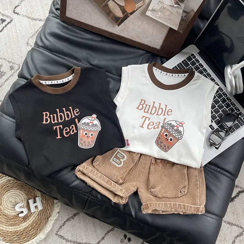 Bubble Tea Cartoon Boys Summer Suits White Black Shorts - Image 6