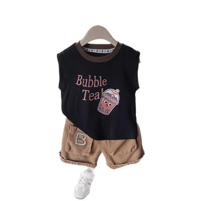 Bubble Tea Cartoon Boys Summer Suits White Black Shorts - Image 7