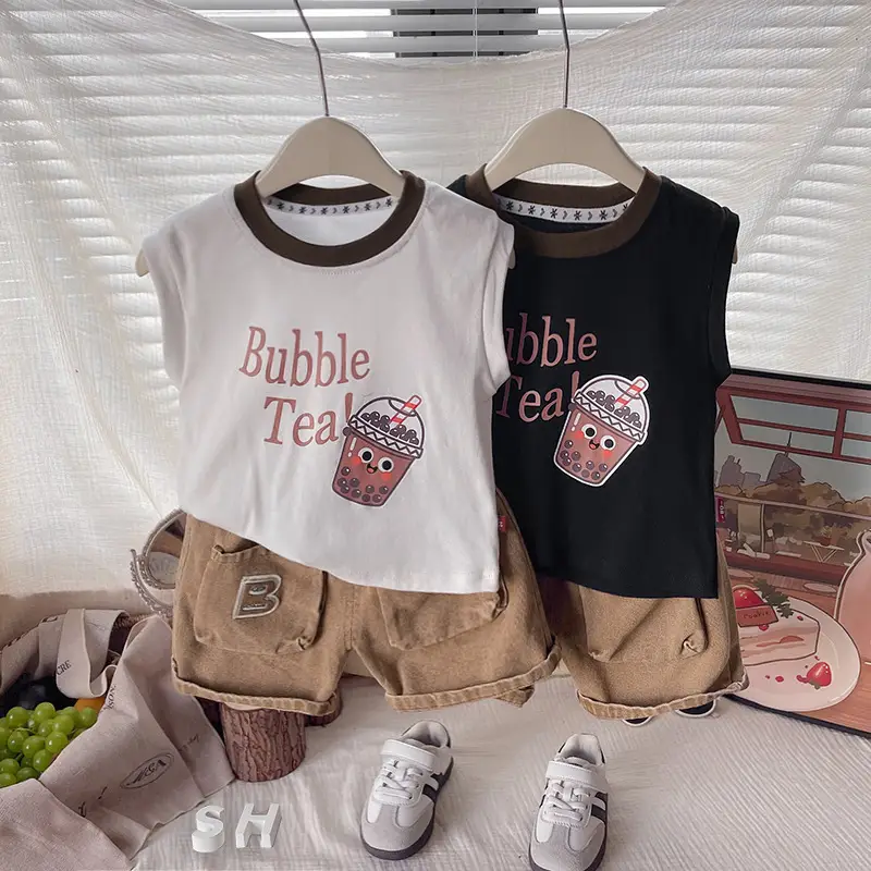 Bubble Tea Cartoon Boys Summer Suits White Black Shorts — feature 1