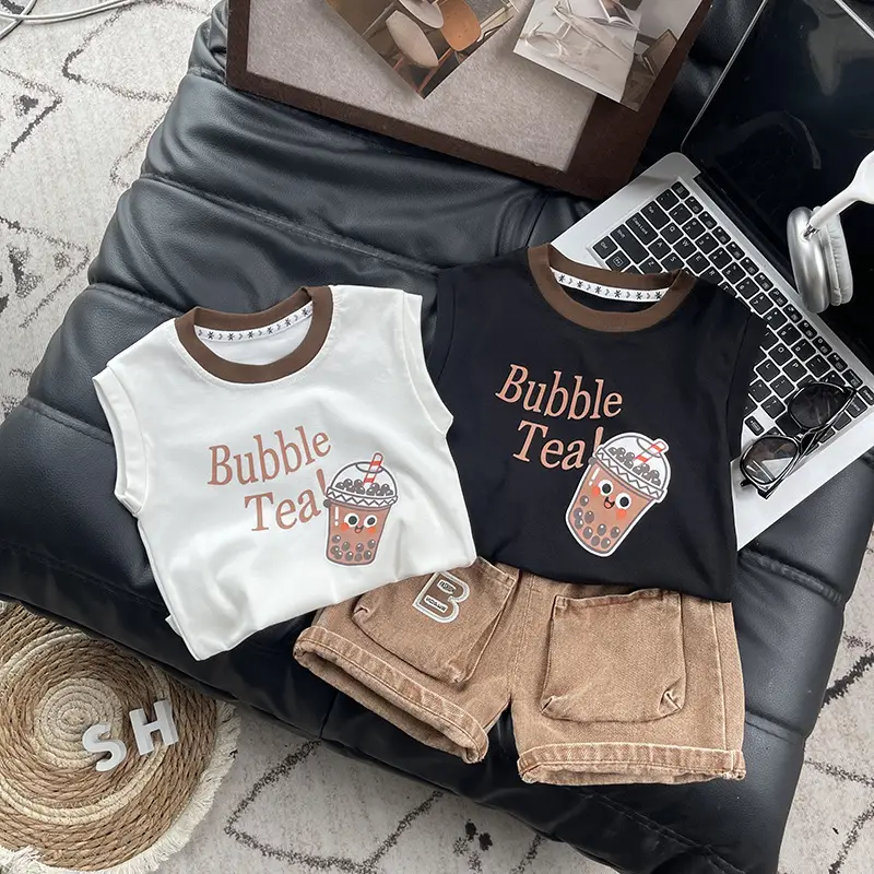 Bubble Tea Cartoon Boys Summer Suits White Black Shorts — feature 7