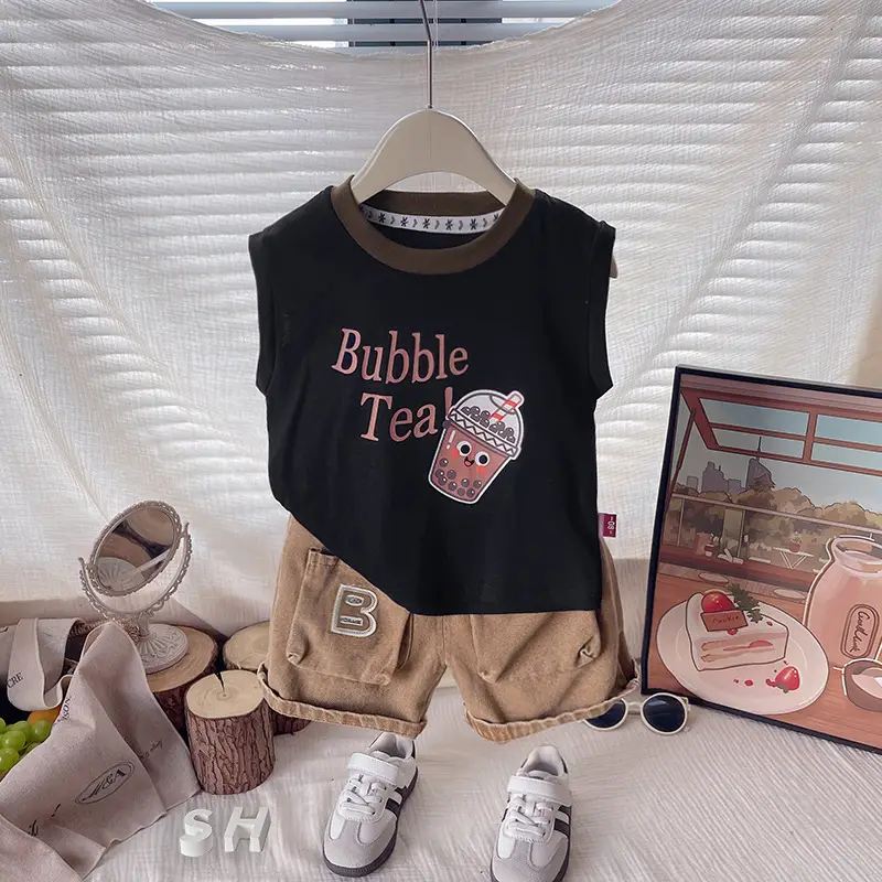 Bubble Tea Cartoon Boys Summer Suits White Black Shorts - Image 2