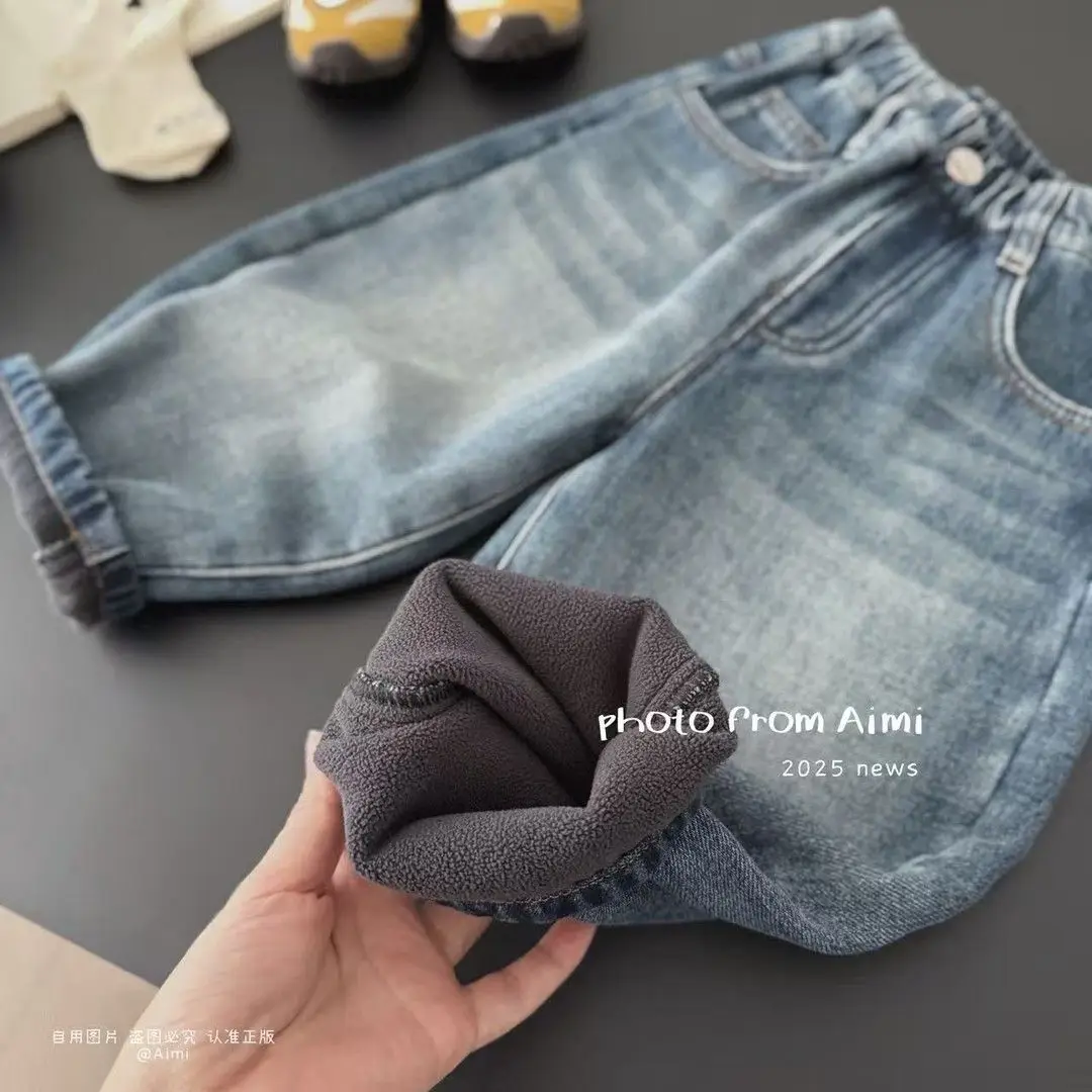 Children's Fleece-Lined Jeans Korean Style Soft Denim Pants Autumn and Winter Stylish Versatile Pants Trendy Jeans Children's Clothing - Image 4