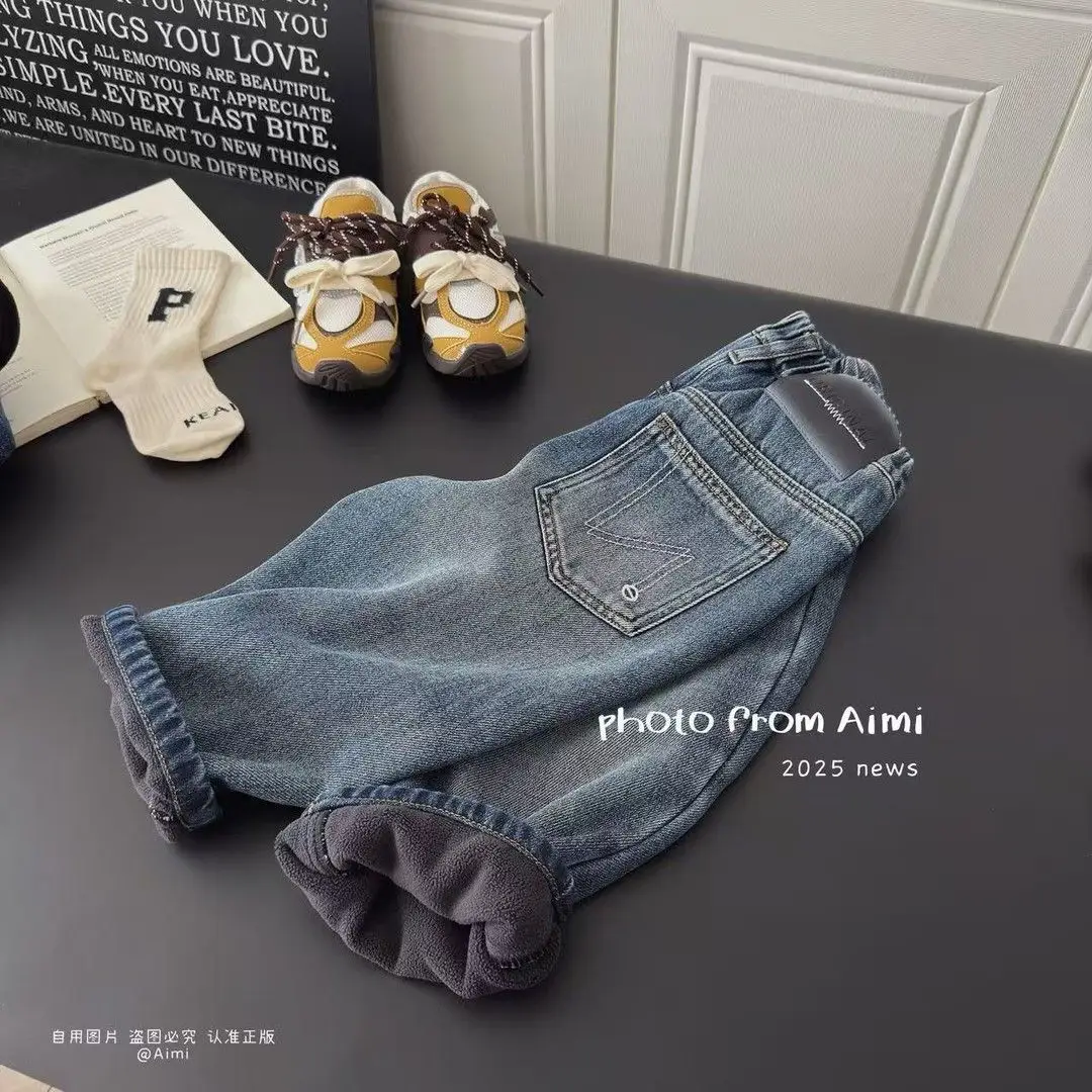 Children's Fleece-Lined Jeans Korean Style Soft Denim Pants Autumn and Winter Stylish Versatile Pants Trendy Jeans Children's Clothing - Image 5