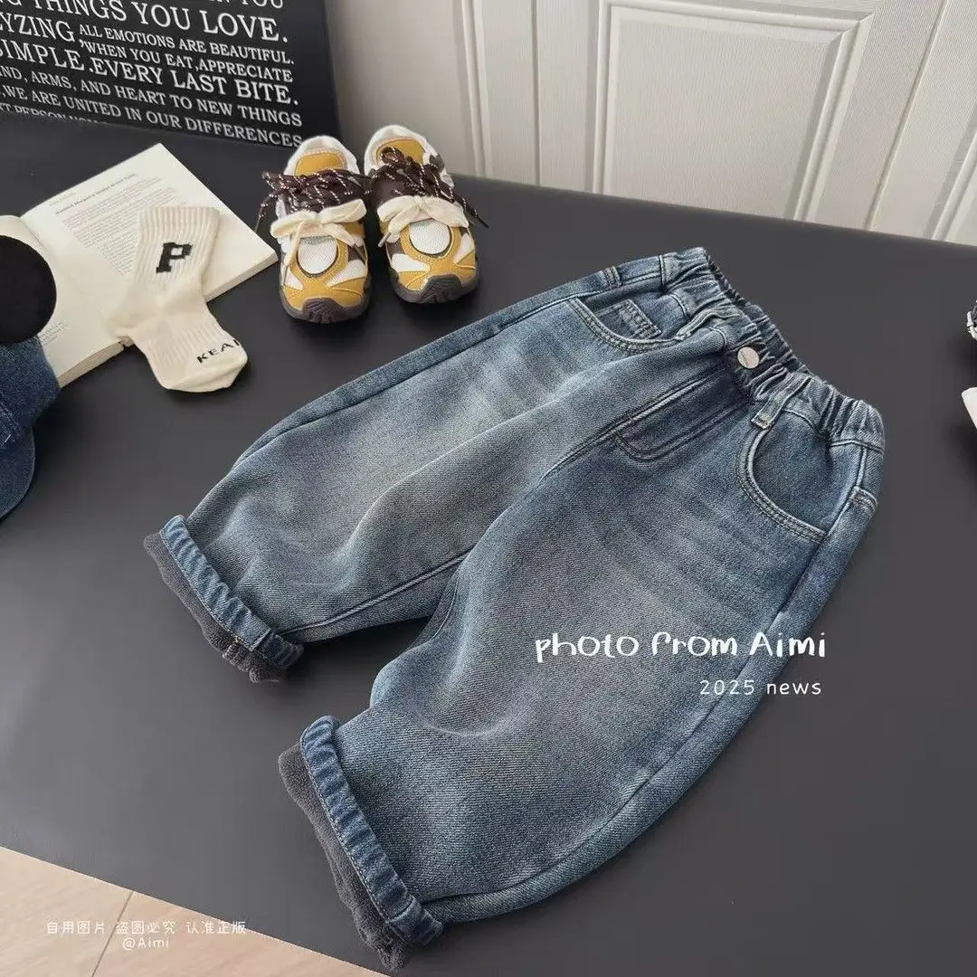 Children's Fleece-Lined Jeans Korean Style Soft Denim Pants Autumn and Winter Stylish Versatile Pants Trendy Jeans Children's Clothing — feature 2
