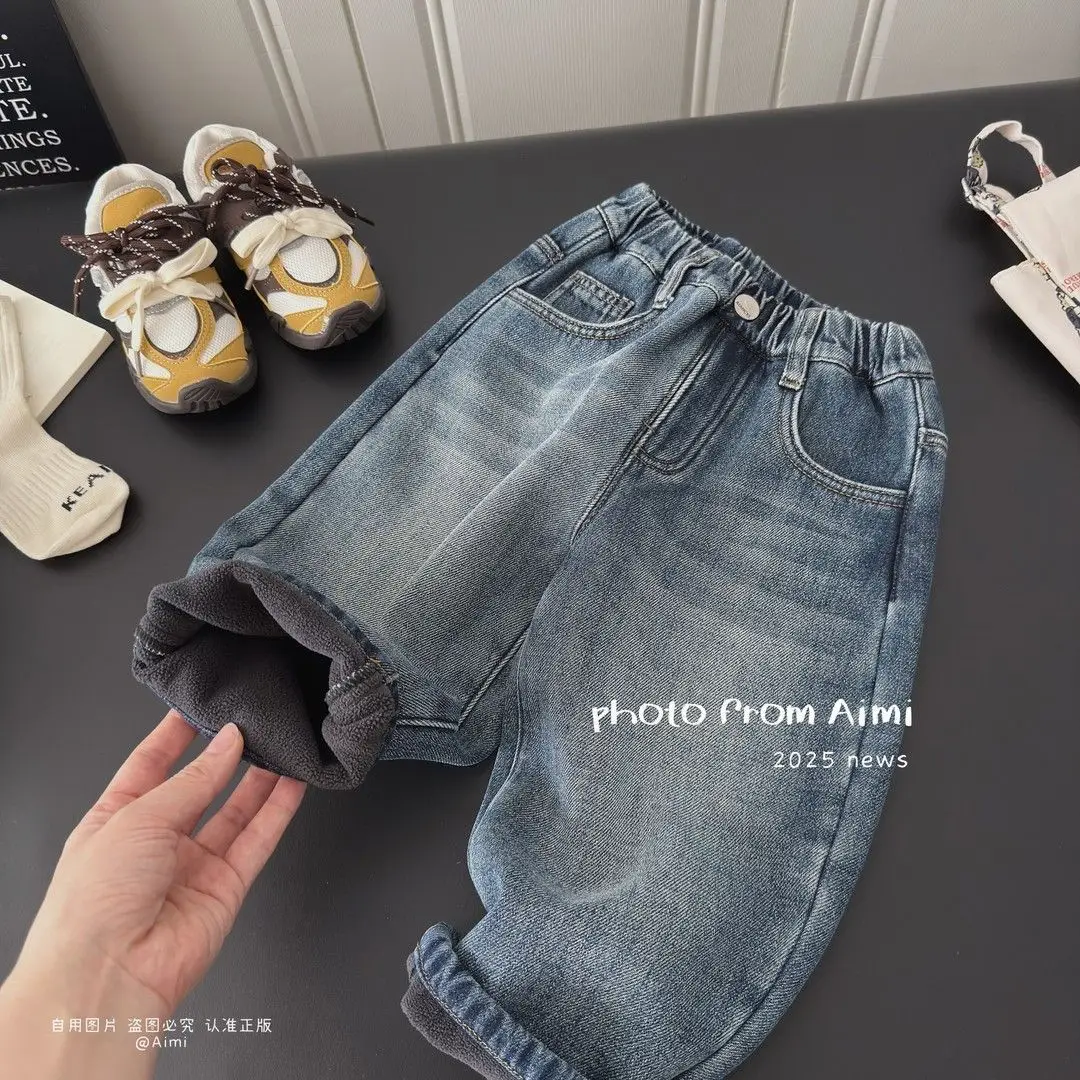 Children's Fleece-Lined Jeans Korean Style Soft Denim Pants Autumn and Winter Stylish Versatile Pants Trendy Jeans Children's Clothing — feature 3