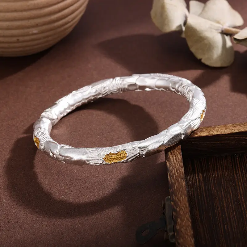 Silver-Plated White Copper Bracelet with Hammered Texture, Gold Peony, Versatile Open Bracelet, Embossed Youthful Bracelet, Thick Style, Chinese Style Heavy Craftsmanship