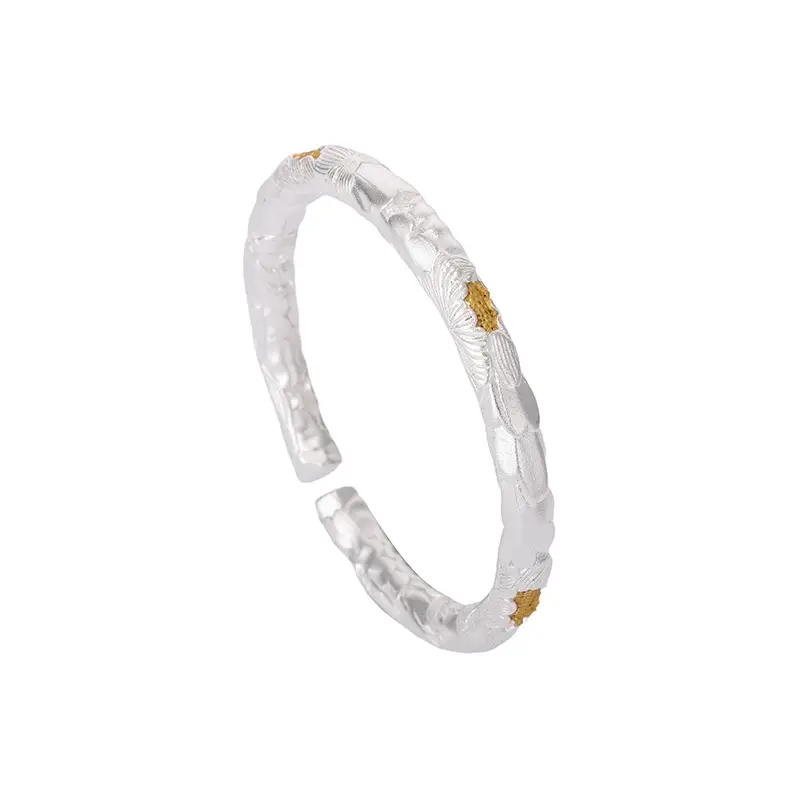 Silver-Plated White Copper Bracelet with Hammered Texture, Gold Peony, Versatile Open Bracelet, Embossed Youthful Bracelet, Thick Style, Chinese Style Heavy Craftsmanship