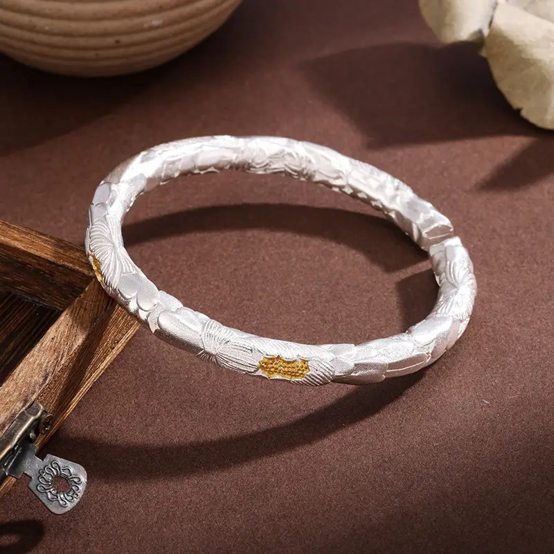 Silver-Plated White Copper Bracelet with Hammered Texture, Gold Peony, Versatile Open Bracelet, Embossed Youthful Bracelet, Thick Style, Chinese Style Heavy Craftsmanship — feature 3